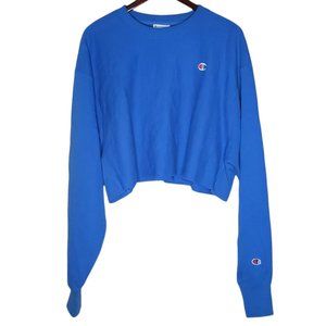Champion Reverse Weave Cropped Crewneck Sweatshirt Blue XL Extra Large Raw Hem